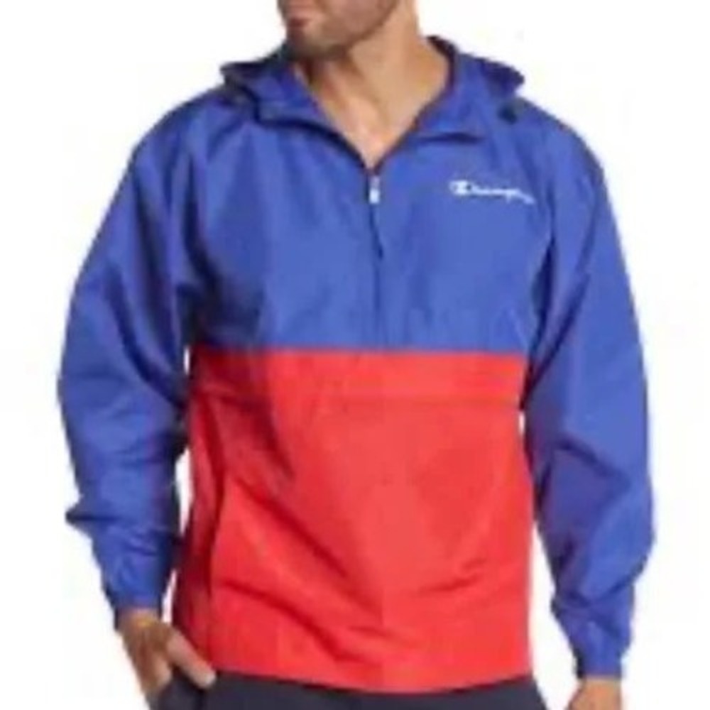 Champion Men Blue Red Colorblock Packable Anorak Half Zip Windbreaker Jacket S